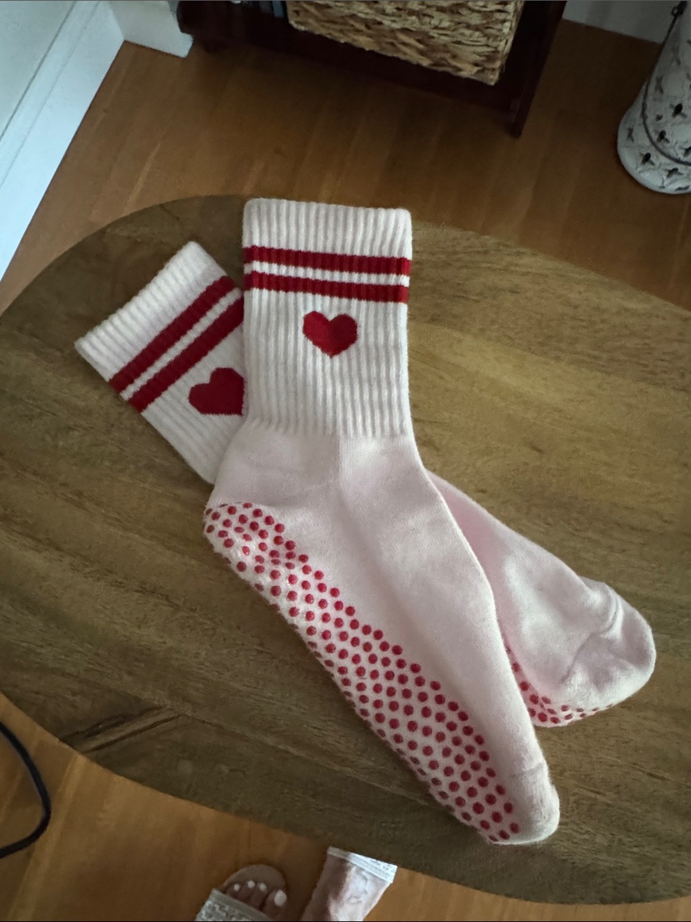 Unbranded Pink Crew Socks with Red Heart and Grip Dots